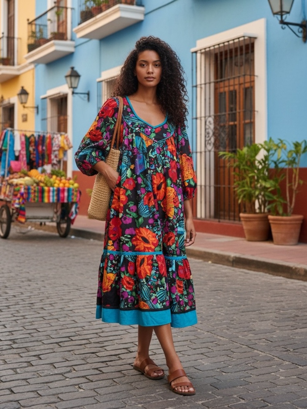 Vintage APPEL Mexican Market Floral Dress Boho Folk Art Midi USA